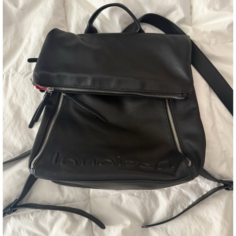 DESIGUAL Black Nerano Urban Backpack Faux Leather Vegan Silver Hardware Purse